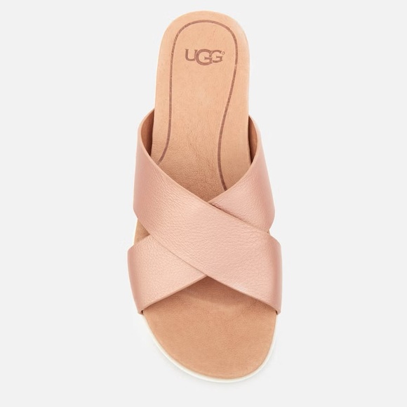 Ugg Women's Metallic Kari Rose Gold Cross Strap Slides Size 7 GUC - Picture 3 of 3